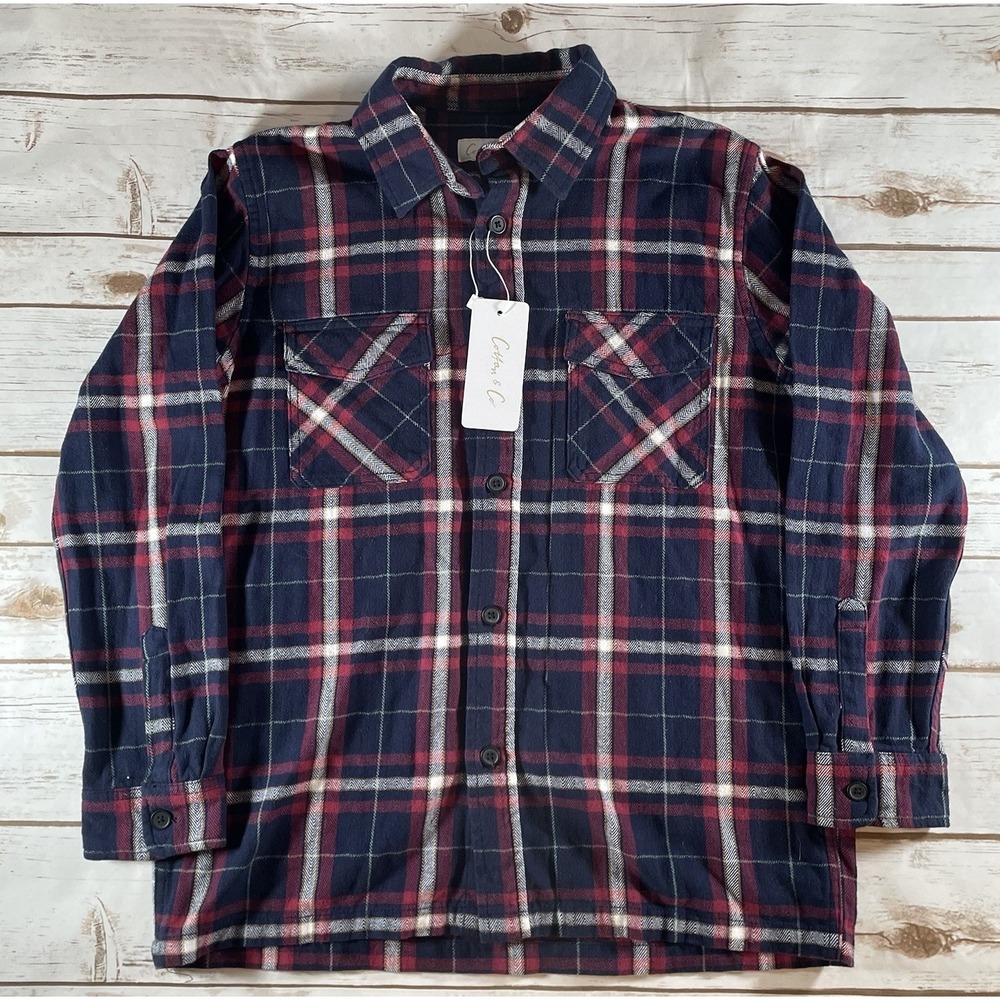 Boys NWT Cotton & Co Plaid Flannel Shirt‎ Size 12 Red Blue White Button Up